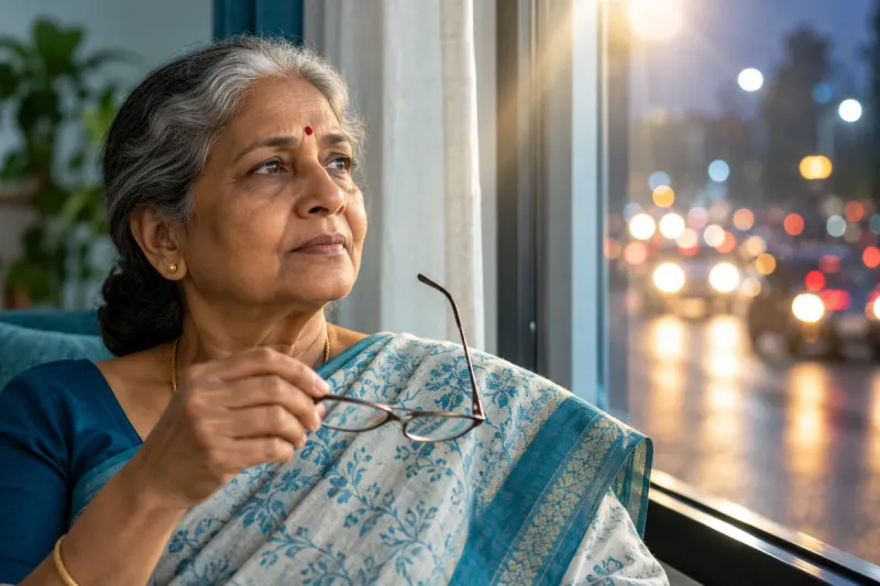 Illustrative photo of an older woman holding her glasses beside a window with blurred lights