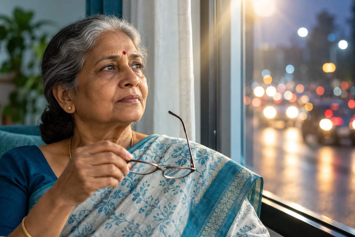 Illustrative photo of an older woman holding her glasses beside a window with blurred lights