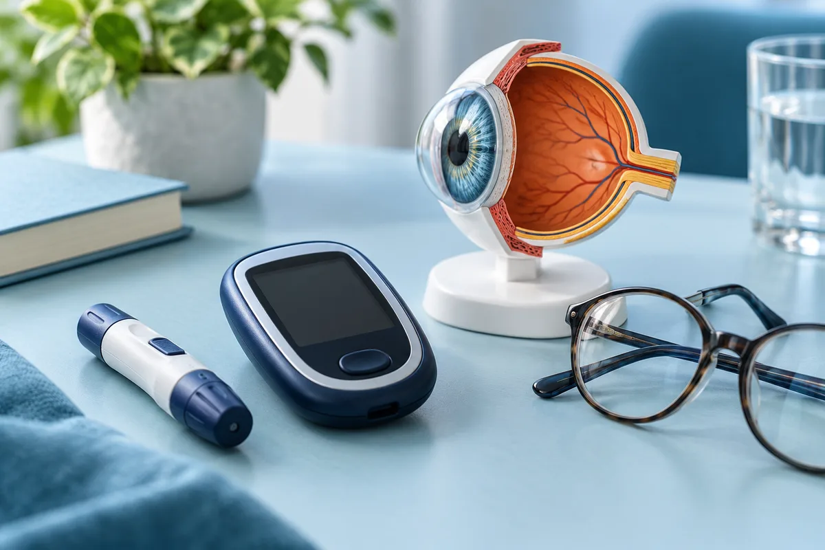 Illustrative still life of a glucose meter, eyeglasses and an anatomical eye model