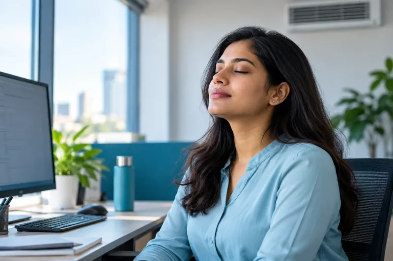 Illustrative photo of an office worker resting her eyes near a computer and air-conditioning vent