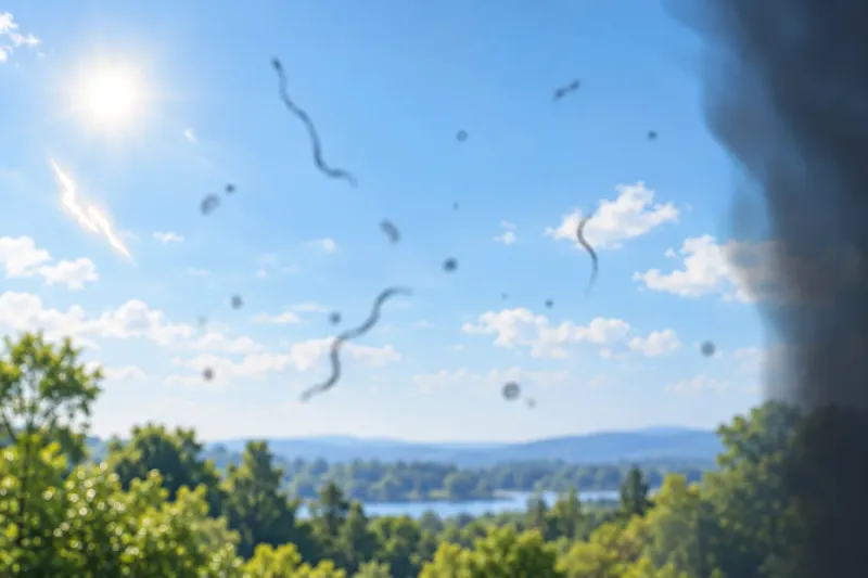 Conceptual illustration of floaters, flashes and a dark curtain across a view of the sky