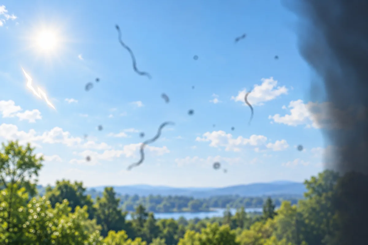 Conceptual illustration of floaters, flashes and a dark curtain across a view of the sky