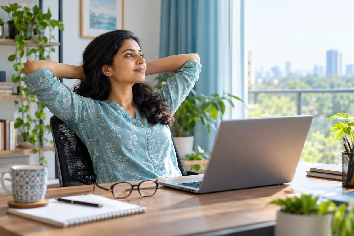 Illustrative photo of a laptop user looking towards a window during a screen break