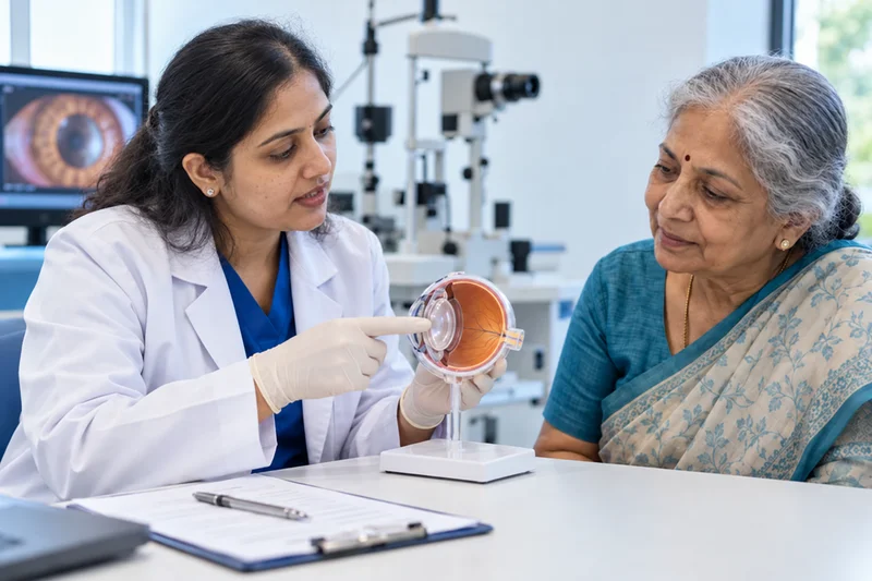 Illustrative photo of a cataract consultation with an anatomical eye model