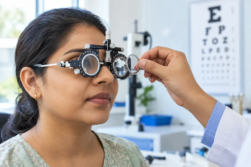 Illustrative photo of trial-frame refraction testing for vision correction